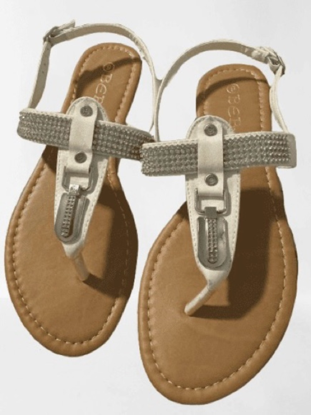 Beba  White Rhinestone Thong Sandals Size 9 Flat Jewel Strap No Box